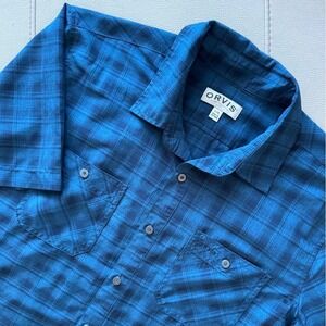 Orvis Button-Up Shirt Men's Large Blue Plaid Short Sleeve Fishing Outdoor